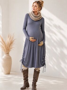 Maternity and Postpartum Cotton Jersey Soft Midi Dress M Ruched Boho Thumbhole